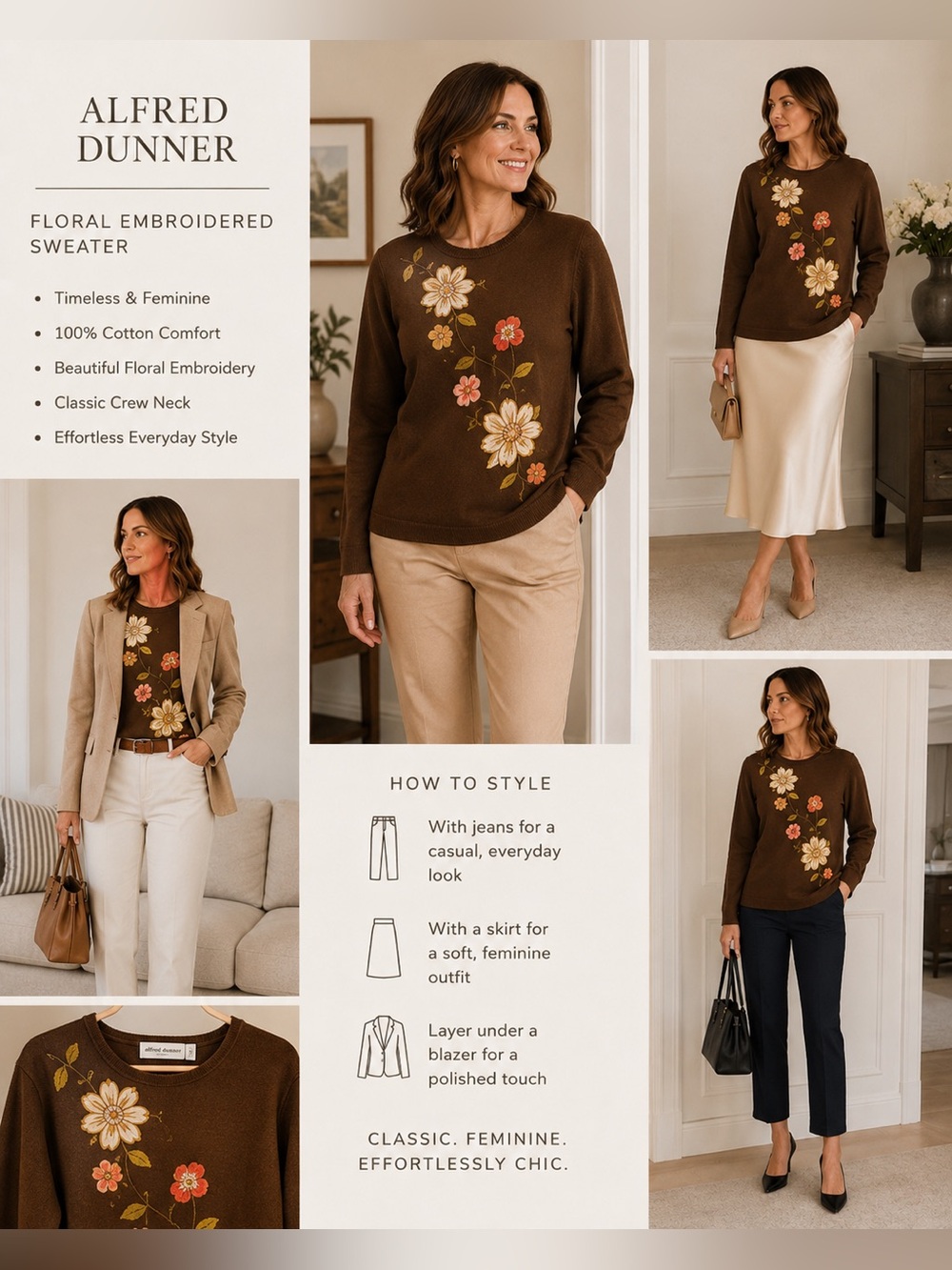 Alfred Dunner Sweater XL Brown Floral Applique Shoulder Pads Embroidered Vintage